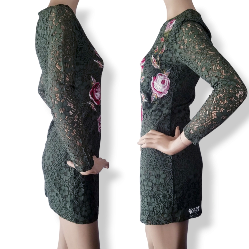 Green Floral Lace Dress with Pink & Red Embroidered Roses by Available Fashion - Picture 4 of 8
